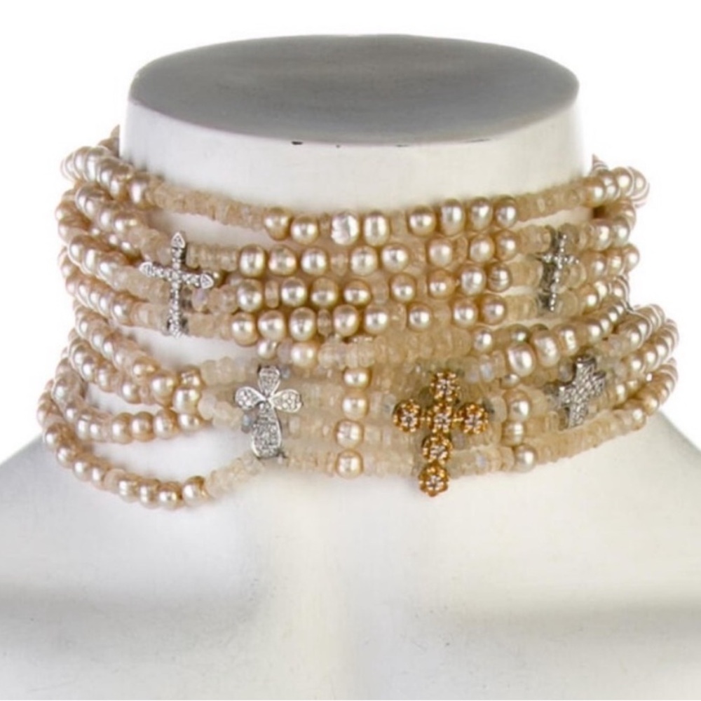 🦋 Vtg Pearl, Diamond, Moonstone, Yellow & White Gold Cross Multi-strand Choker
